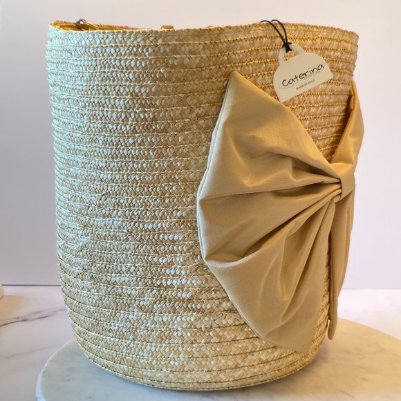 NWT CATERINA BERTINI Straw Bucket Bag with Bo and Drawstring Closure - Picture 9 of 14